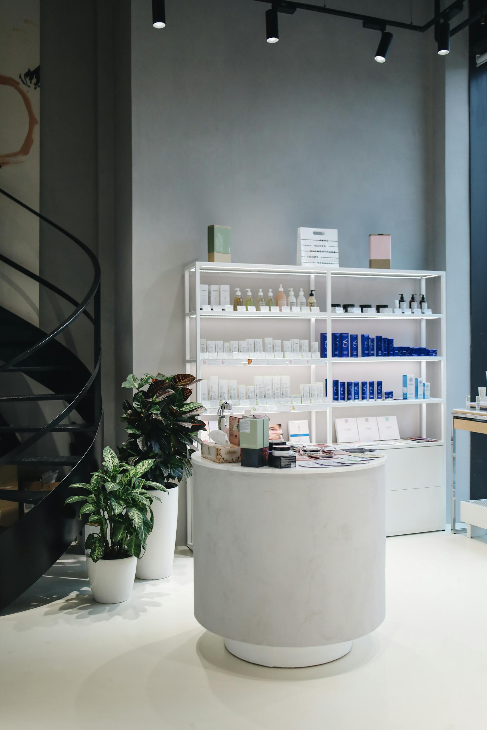 Contemporary beauty store interior showcasing various cosmetics on elegant shelves.